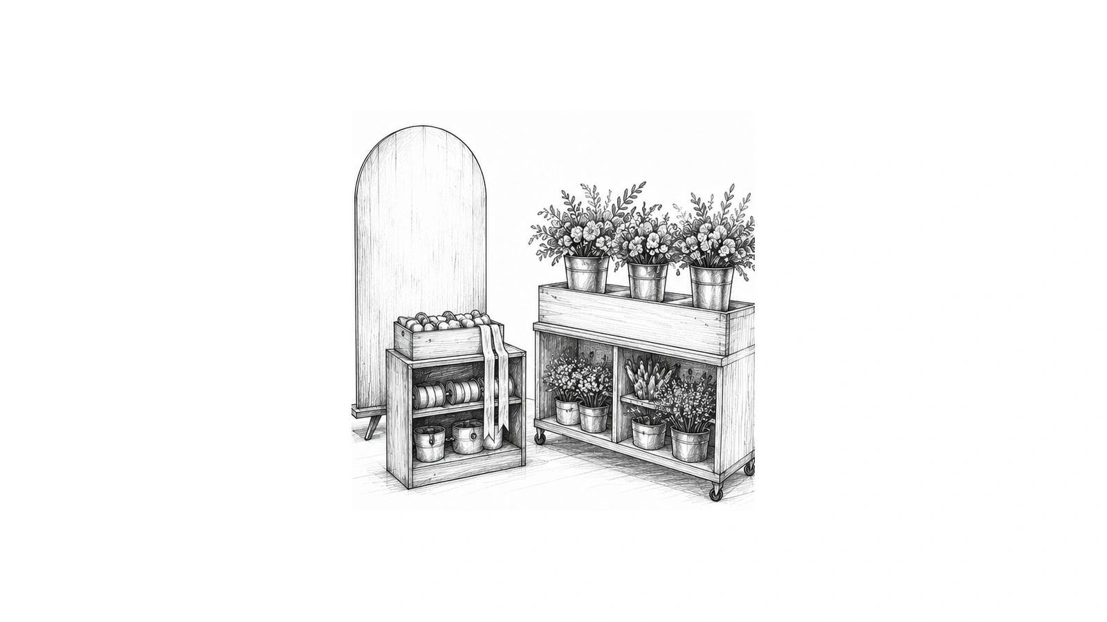 Wooden display kiosk and bloom bar event décor illustration