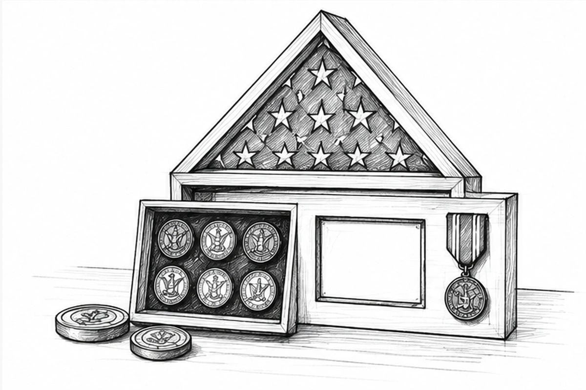 Military shadow box and medals display illustration